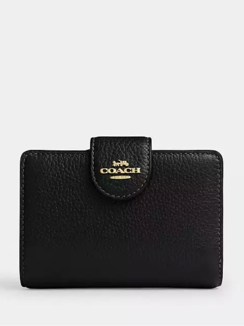 Coach Black Pebbled Leather Medium Corner Zip Wallet with Gold Hardware